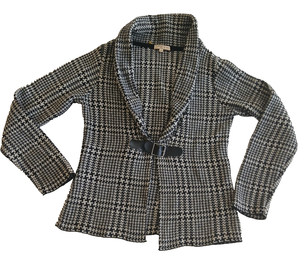 Mary Firenze Blazer Women M Black White Plaid Belted Open Knit Wool Blend Italy